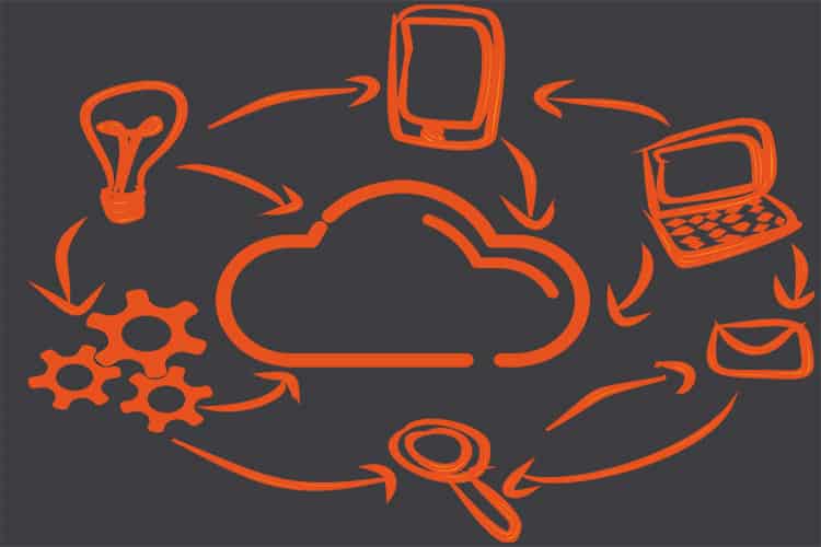 Symbolgrafik für Cloudlösungen in orange auf grauen Hintergrund